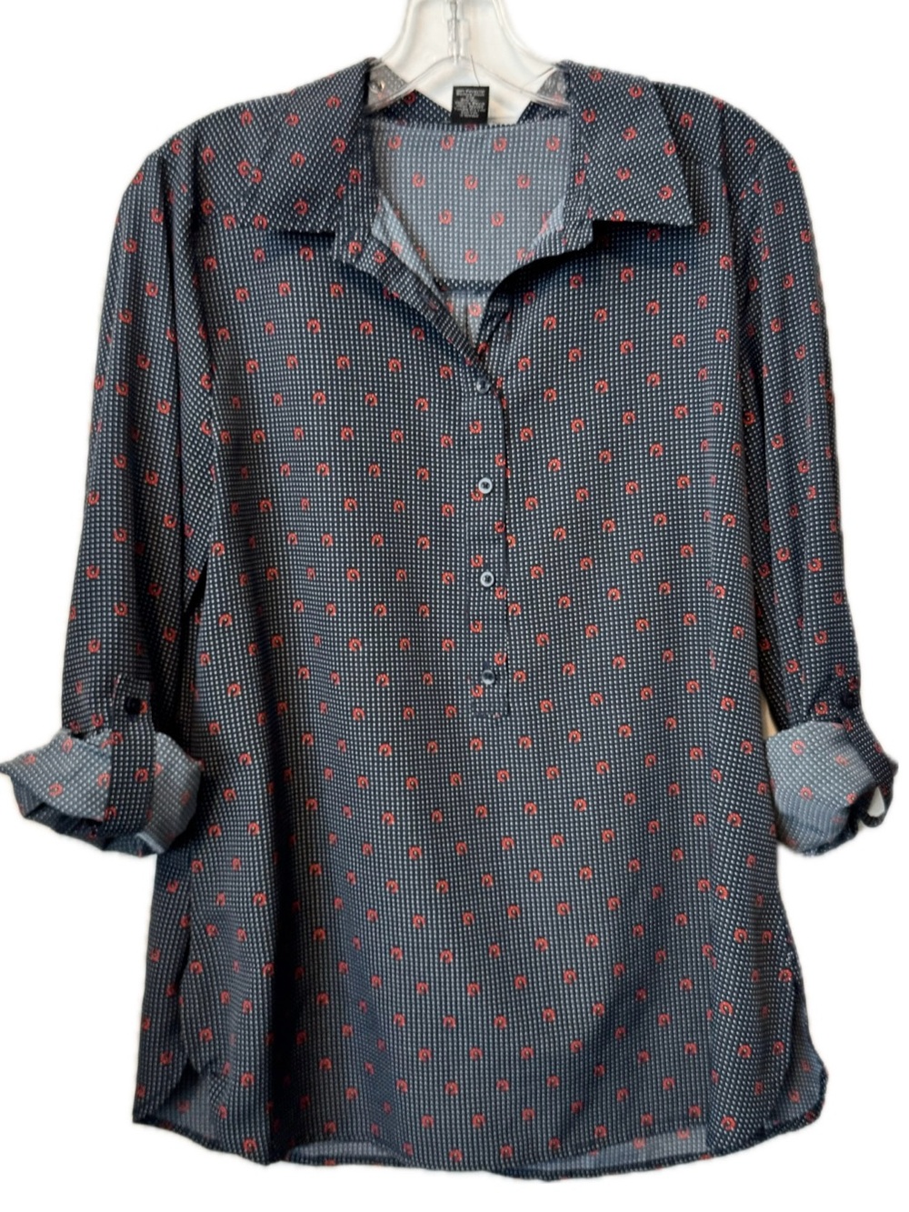 Ann Taylor Factory Navy Horseshoe Print Blouse Western Equestrian M Office
